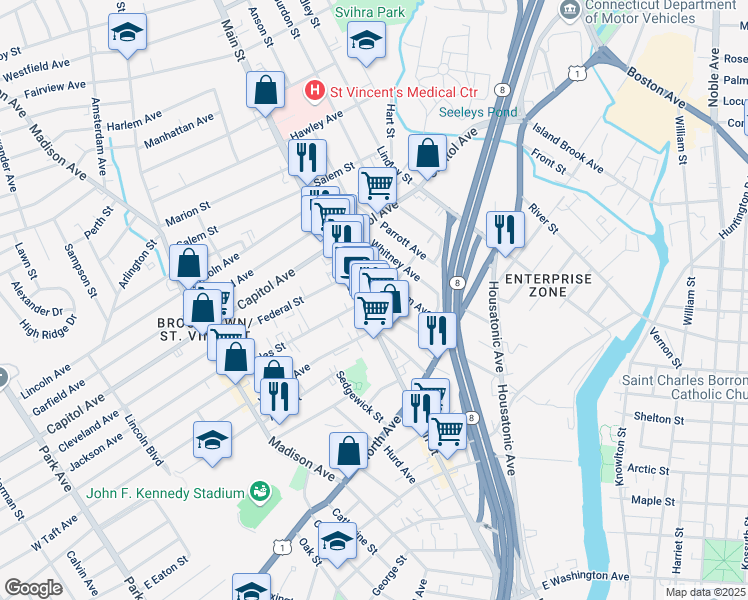 map of restaurants, bars, coffee shops, grocery stores, and more near 2304 Main Street in Bridgeport