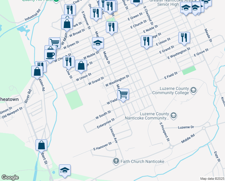 map of restaurants, bars, coffee shops, grocery stores, and more near 1002-1024 South Hanover Street in Nanticoke