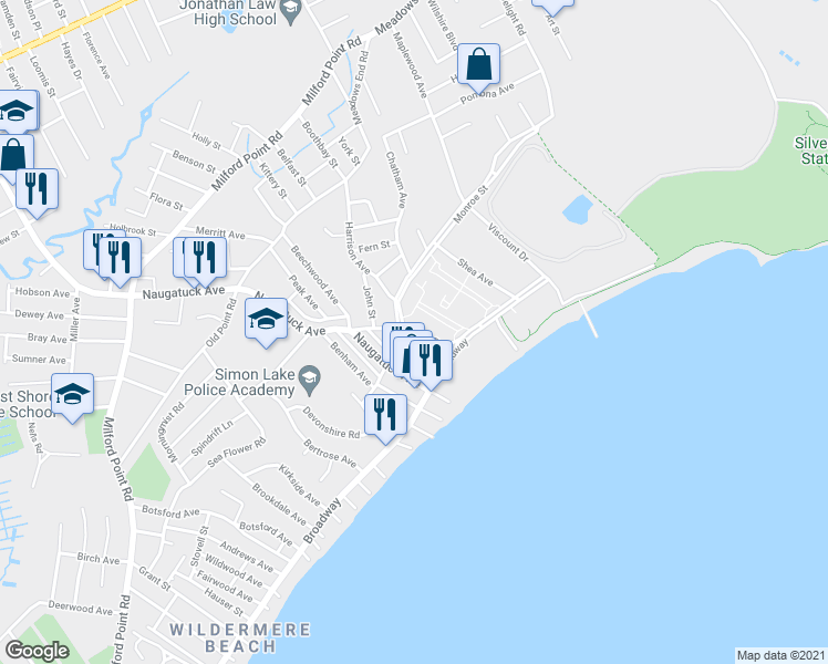 map of restaurants, bars, coffee shops, grocery stores, and more near 23 Beach Shore Drive in Milford