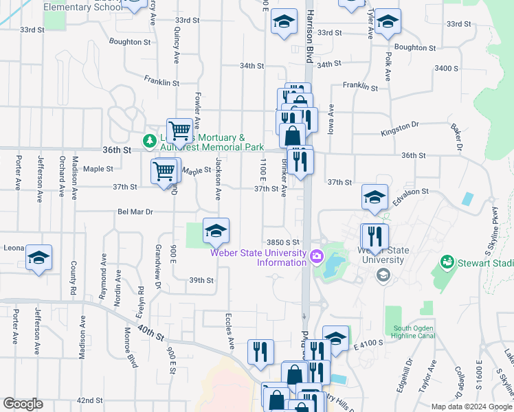 map of restaurants, bars, coffee shops, grocery stores, and more near 3737 South Van Buren Avenue in Ogden