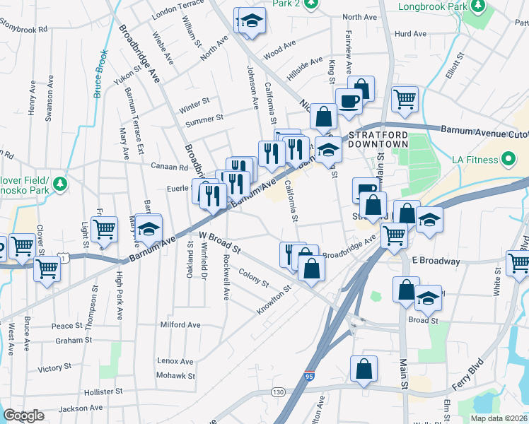 map of restaurants, bars, coffee shops, grocery stores, and more near 1452 Broadbridge Avenue in Stratford