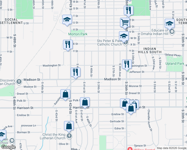 map of restaurants, bars, coffee shops, grocery stores, and more near 6255 South 40th Street in Omaha