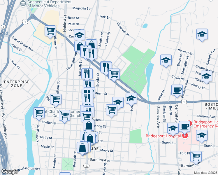 map of restaurants, bars, coffee shops, grocery stores, and more near 485 Putnam Street in Bridgeport