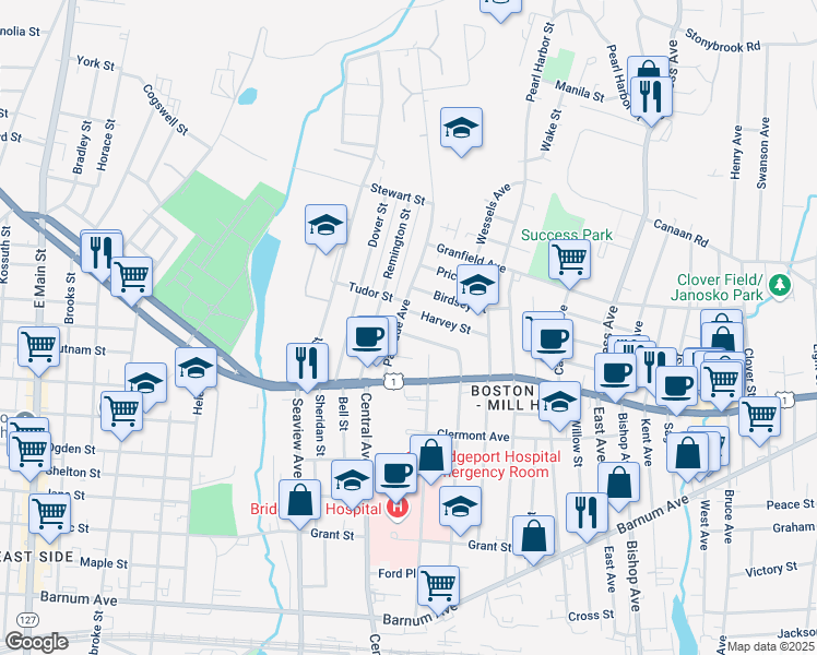 map of restaurants, bars, coffee shops, grocery stores, and more near 645 North Ridgefield Avenue in Bridgeport