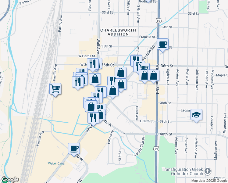 map of restaurants, bars, coffee shops, grocery stores, and more near 3802 Riverdale Road in South Ogden