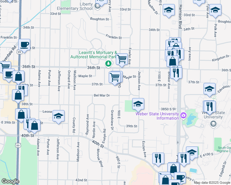 map of restaurants, bars, coffee shops, grocery stores, and more near 886 Bel Mar Drive in Ogden