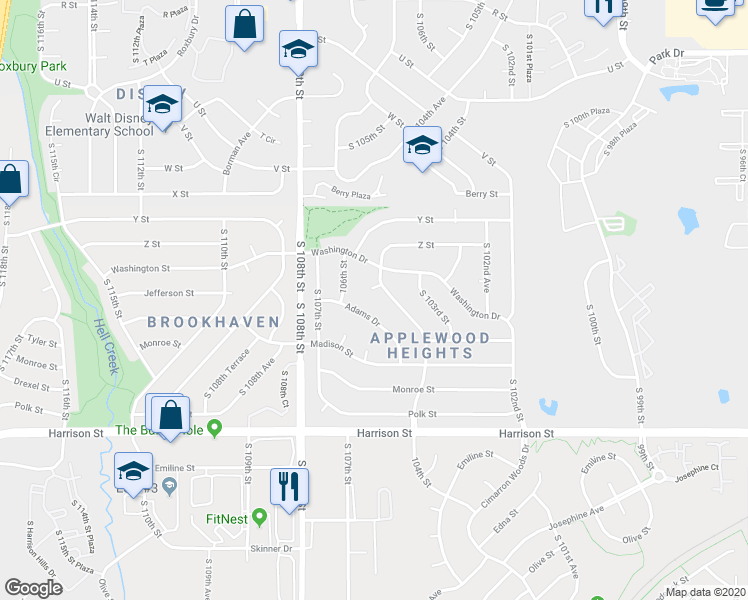 map of restaurants, bars, coffee shops, grocery stores, and more near 10409 Jefferson Circle in Omaha