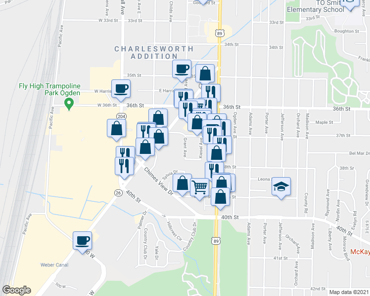 map of restaurants, bars, coffee shops, grocery stores, and more near 3792 Grant Avenue in Ogden
