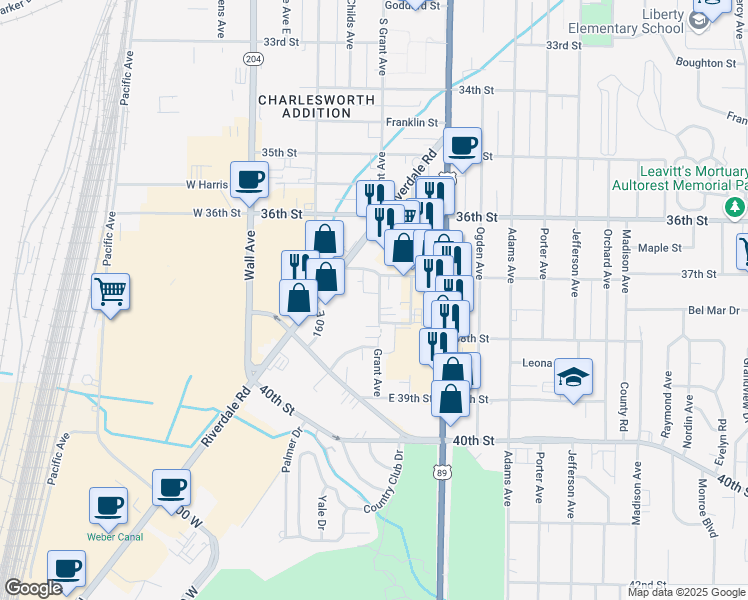 map of restaurants, bars, coffee shops, grocery stores, and more near 3792 Grant Avenue in Ogden