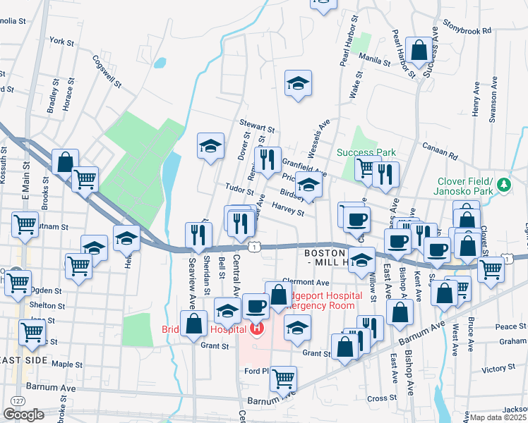 map of restaurants, bars, coffee shops, grocery stores, and more near 645 North Ridgefield Avenue in Bridgeport