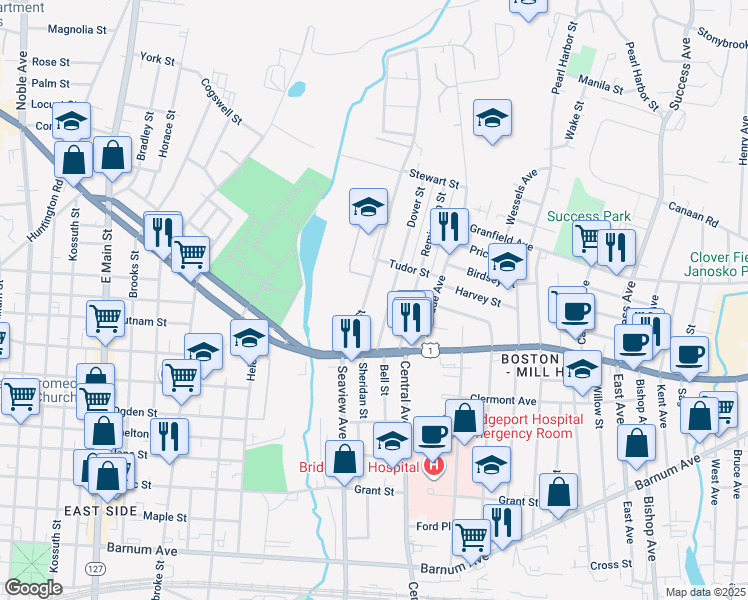 map of restaurants, bars, coffee shops, grocery stores, and more near 69 Dover Street in Bridgeport