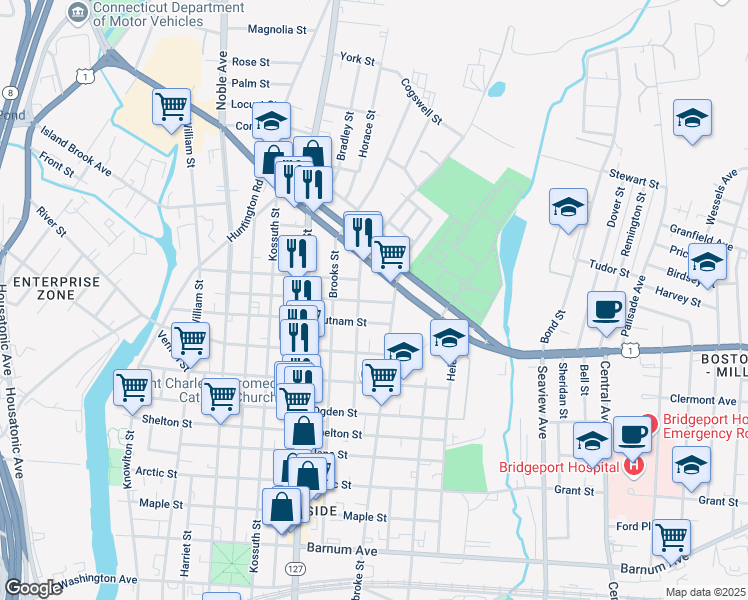 map of restaurants, bars, coffee shops, grocery stores, and more near 485 Putnam Street in Bridgeport