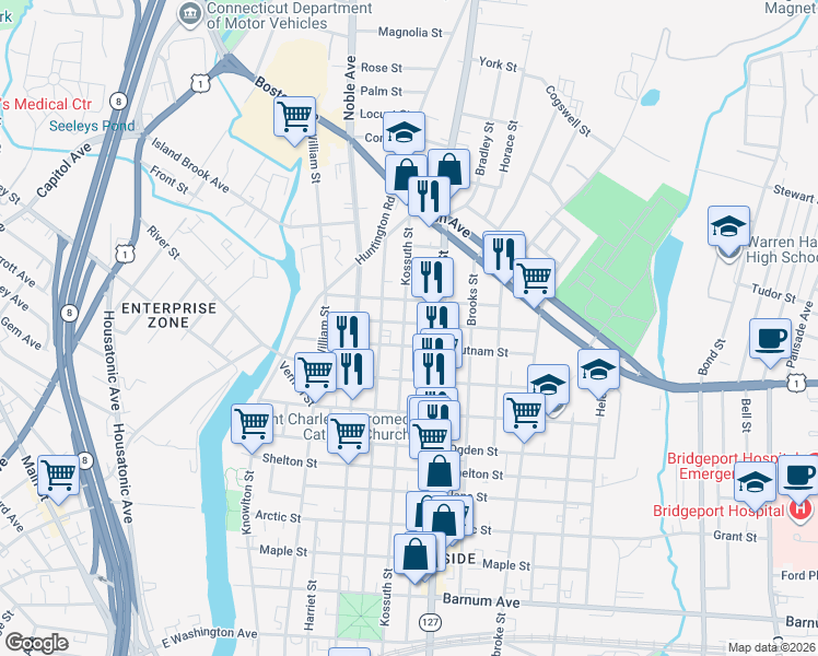 map of restaurants, bars, coffee shops, grocery stores, and more near 1168 Kossuth Street in Bridgeport