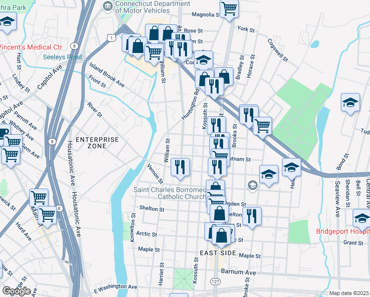 map of restaurants, bars, coffee shops, grocery stores, and more near 946 Noble Avenue in Bridgeport