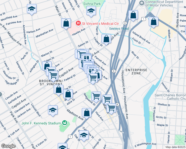 map of restaurants, bars, coffee shops, grocery stores, and more near 2304 Main Street in Bridgeport