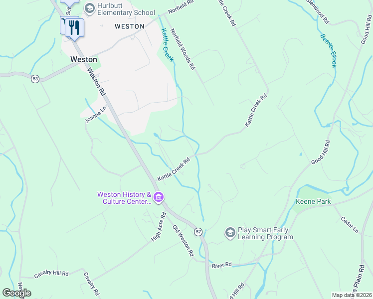 map of restaurants, bars, coffee shops, grocery stores, and more near 18 Kettle Creek Road in Weston