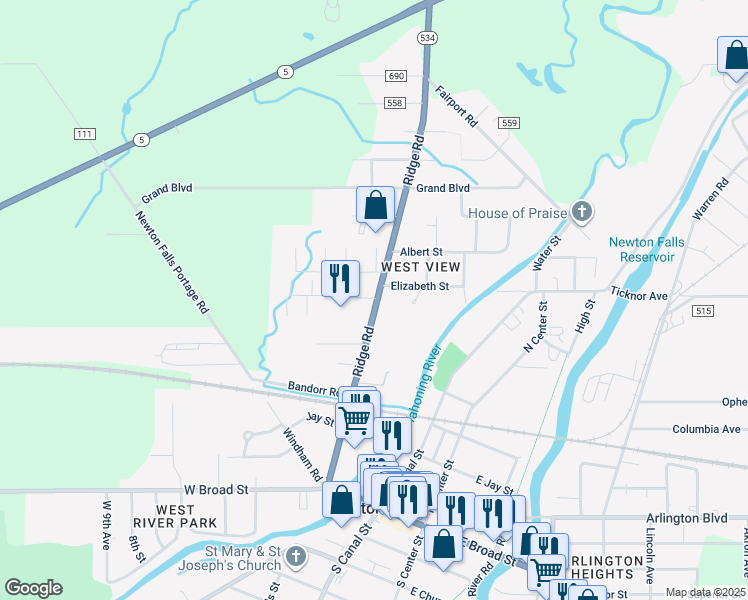 map of restaurants, bars, coffee shops, grocery stores, and more near 520 Ridge Road in Newton Falls