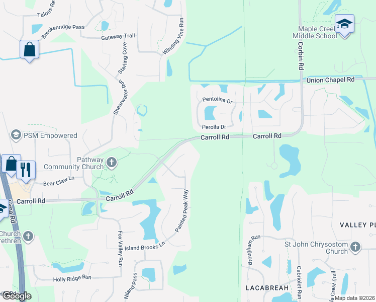 map of restaurants, bars, coffee shops, grocery stores, and more near 12186 Firekat Cove in Fort Wayne