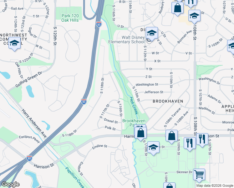 map of restaurants, bars, coffee shops, grocery stores, and more near 6503 South 116th Street in Omaha