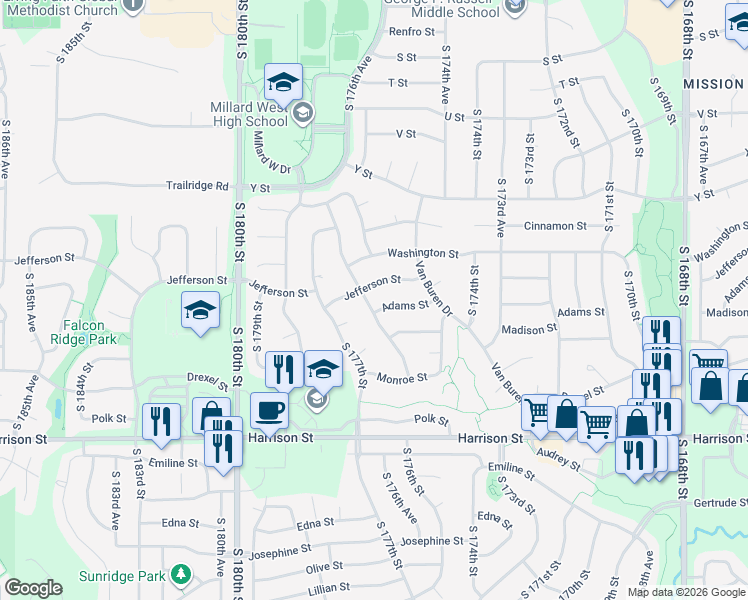 map of restaurants, bars, coffee shops, grocery stores, and more near 6405 South 176th Street in Omaha