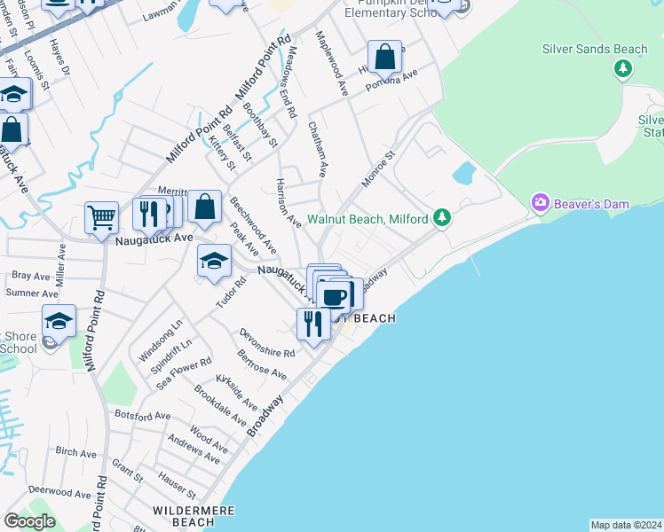 map of restaurants, bars, coffee shops, grocery stores, and more near 23 Beach Shore Drive in Milford