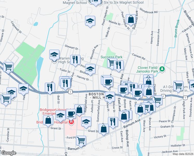 map of restaurants, bars, coffee shops, grocery stores, and more near 60 Boston Terrace in Bridgeport