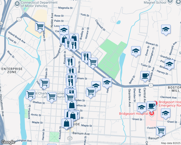 map of restaurants, bars, coffee shops, grocery stores, and more near 485 Putnam Street in Bridgeport