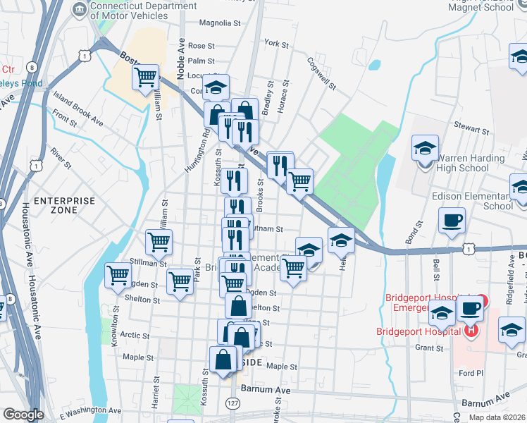 map of restaurants, bars, coffee shops, grocery stores, and more near 622 Brooks Street in Bridgeport