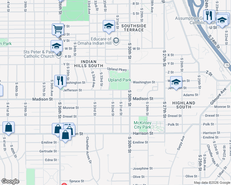 map of restaurants, bars, coffee shops, grocery stores, and more near 3115 Madison Street in Omaha