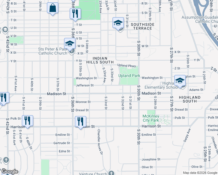 map of restaurants, bars, coffee shops, grocery stores, and more near 3261 Madison Street in Omaha
