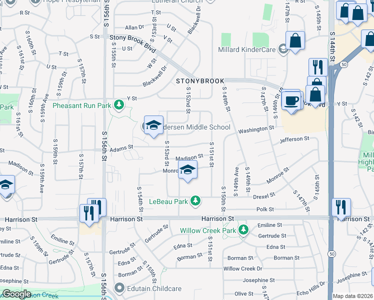 map of restaurants, bars, coffee shops, grocery stores, and more near 15211 Madison Street in Omaha