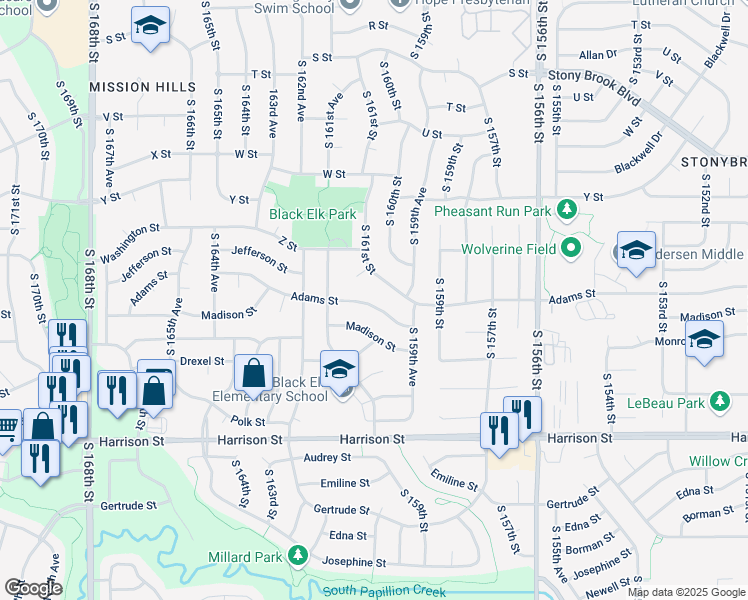 map of restaurants, bars, coffee shops, grocery stores, and more near 15975 Adams Street in Omaha