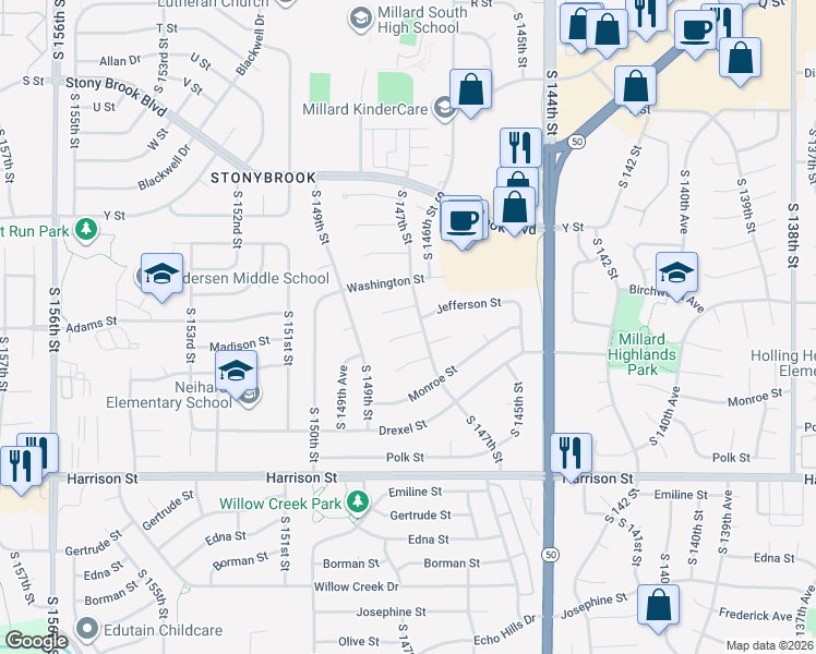 map of restaurants, bars, coffee shops, grocery stores, and more near 14712 Madison Circle in Omaha