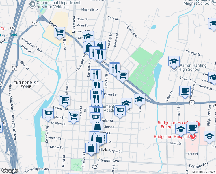 map of restaurants, bars, coffee shops, grocery stores, and more near 622 Brooks Street in Bridgeport