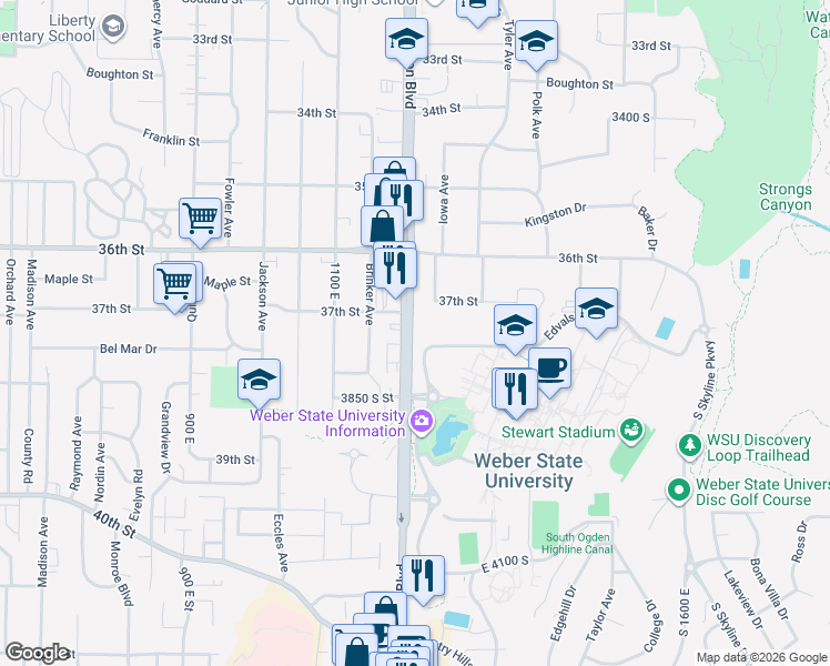 map of restaurants, bars, coffee shops, grocery stores, and more near in Marriott-Slaterville