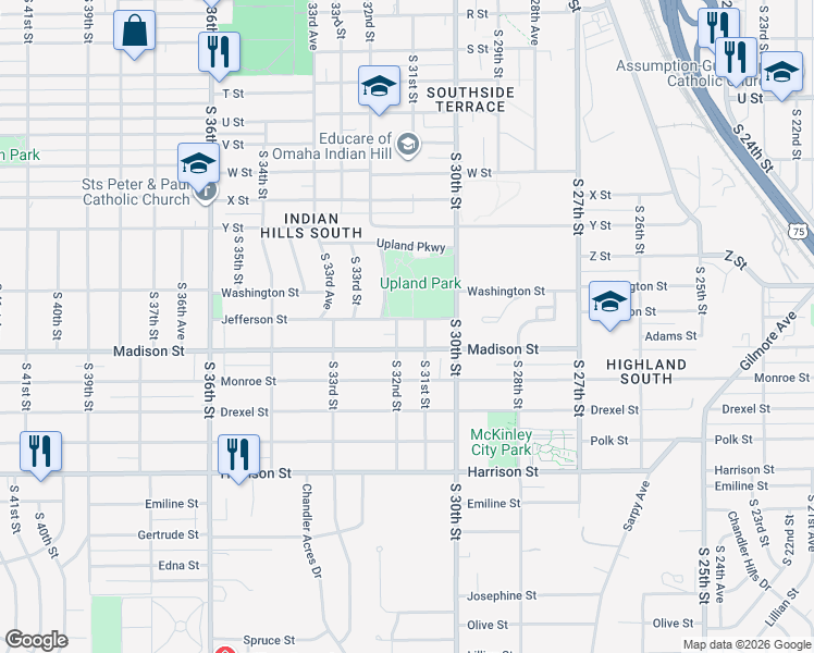map of restaurants, bars, coffee shops, grocery stores, and more near 3115 Madison Street in Omaha