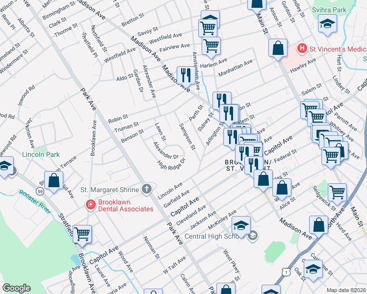 map of restaurants, bars, coffee shops, grocery stores, and more near 29 Alexander Drive in Bridgeport