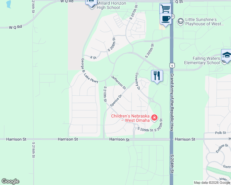 map of restaurants, bars, coffee shops, grocery stores, and more near 6060 South 209th Circle in Gretna