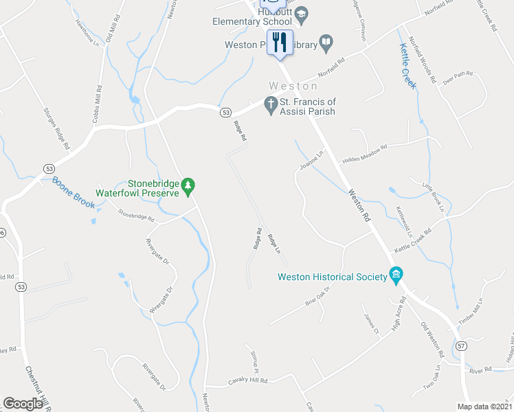 map of restaurants, bars, coffee shops, grocery stores, and more near 38 Ridge Road in Weston
