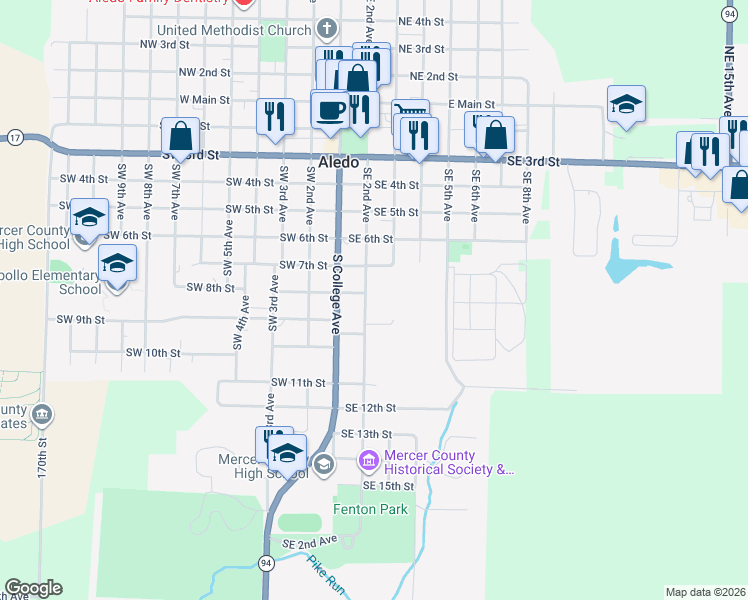 map of restaurants, bars, coffee shops, grocery stores, and more near 802 Southeast 2nd Avenue in Aledo