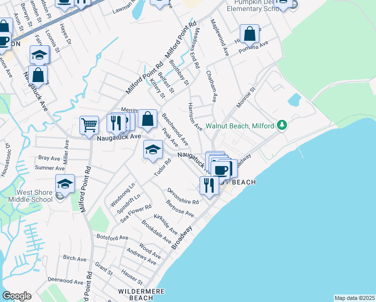 map of restaurants, bars, coffee shops, grocery stores, and more near 22 Beechwood Avenue in Milford