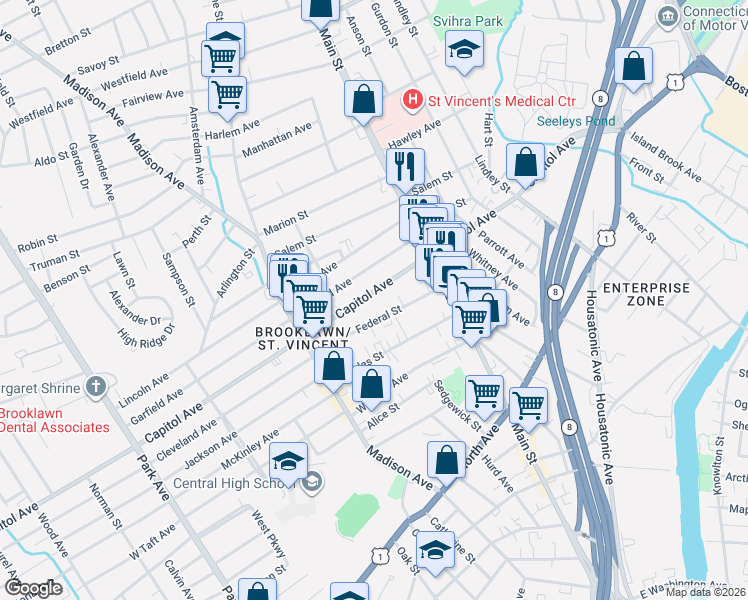 map of restaurants, bars, coffee shops, grocery stores, and more near 147-149 Garfield Avenue in Bridgeport
