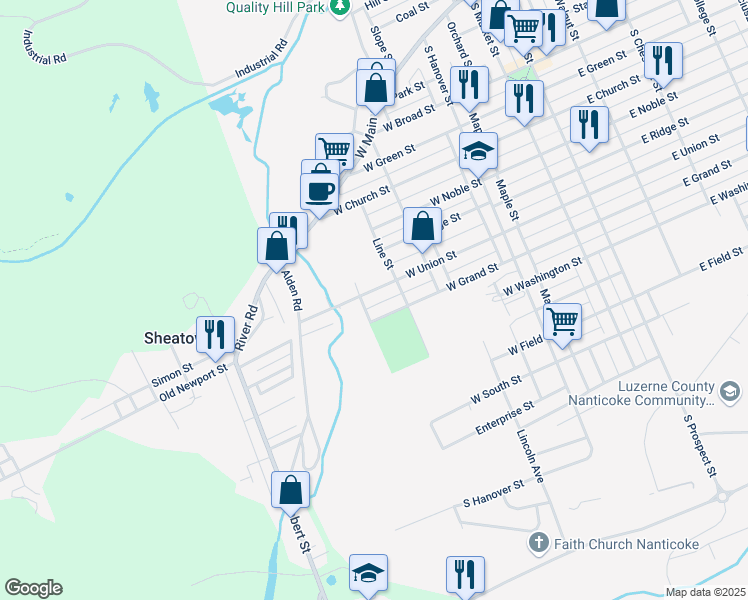 map of restaurants, bars, coffee shops, grocery stores, and more near 340 West Union Street in Nanticoke