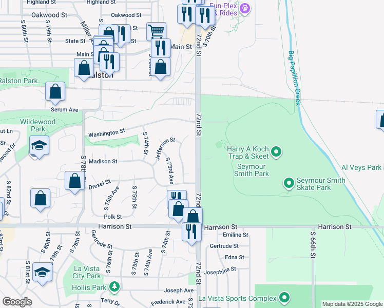 map of restaurants, bars, coffee shops, grocery stores, and more near 6219 South 72nd Avenue in Ralston