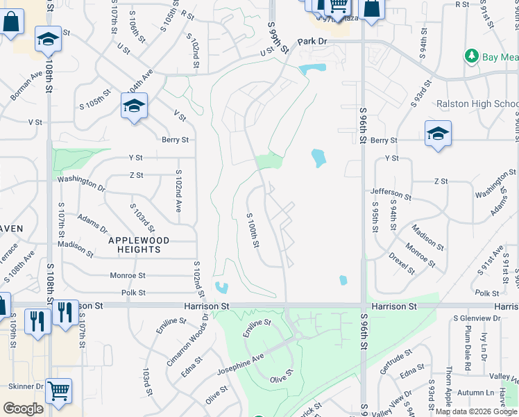 map of restaurants, bars, coffee shops, grocery stores, and more near 6221 South 100th Street in Omaha