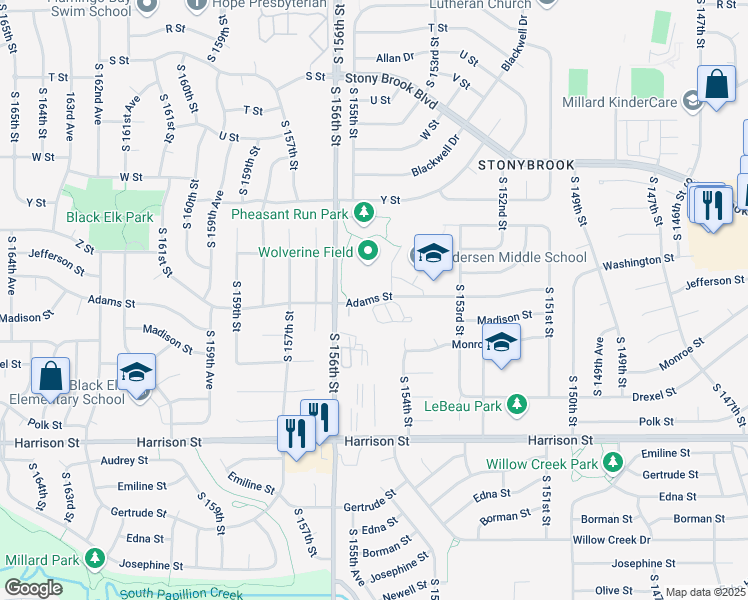map of restaurants, bars, coffee shops, grocery stores, and more near 15504 Adams Street in Omaha