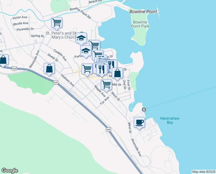 map of restaurants, bars, coffee shops, grocery stores, and more near 11 4th Street in Haverstraw