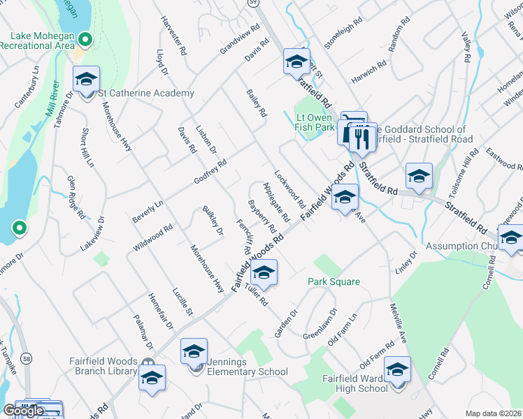 map of restaurants, bars, coffee shops, grocery stores, and more near 106 Bayberry Road in Fairfield