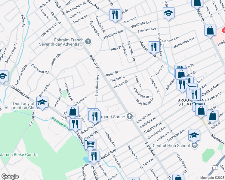 map of restaurants, bars, coffee shops, grocery stores, and more near Park Avenue in Bridgeport