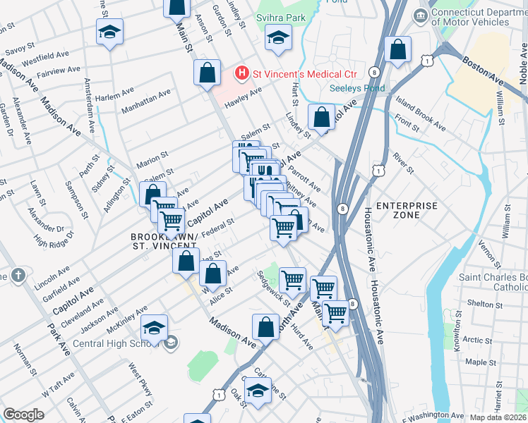 map of restaurants, bars, coffee shops, grocery stores, and more near 2445 Main Street in Bridgeport